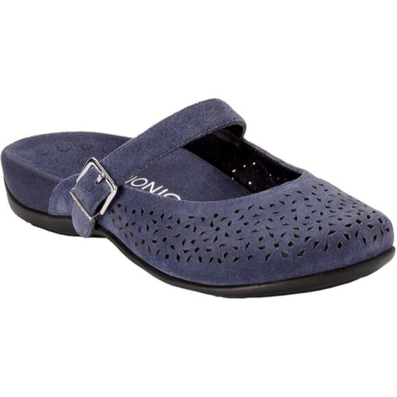 Vionic Lidia Supportive Slip on Perforated Suede Mule/Mary Jane Slides 10 Navy - Picture 1 of 8